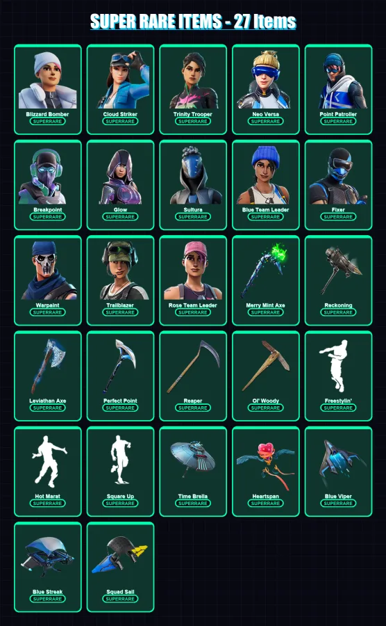 [PC] | Blizzard Bomber | Cloud Striker | Trinity Trooper | Neo Versa | Point Patroller | 295 skin | 267 pickaxe | 290 emote | 201 glider | Lv2734 — Fortnite account