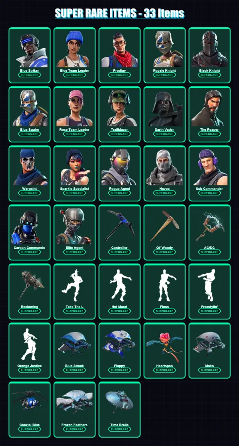 [PC/XBOX] | Blue Striker | Blue Team Leader | Prodigy | Royale Knight | Black Knight | 142 skin | 128 pickaxe | 120 emote | 130 glider | Lv1690