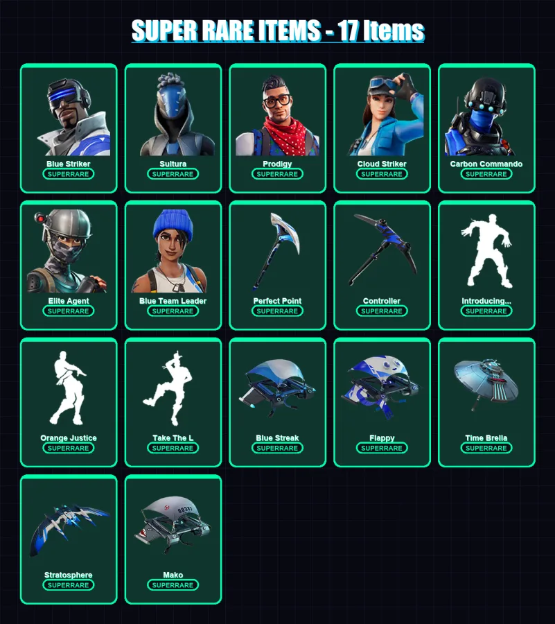 [PS4/PS5/XBOX/PC] | Blue Striker | Sultura | Prodigy | Cloud Striker | Carbon Commando | 36 skin | 46 pickaxe | 65 emote | 48 glider | Lv839