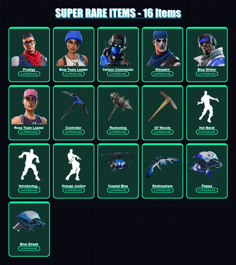 [PC] | Prodigy | Blue Team Leader | Carbon Commando | Warpaint | Blue Striker | 63 skin | 79 pickaxe | 84 emote | 78 glider | Lv930