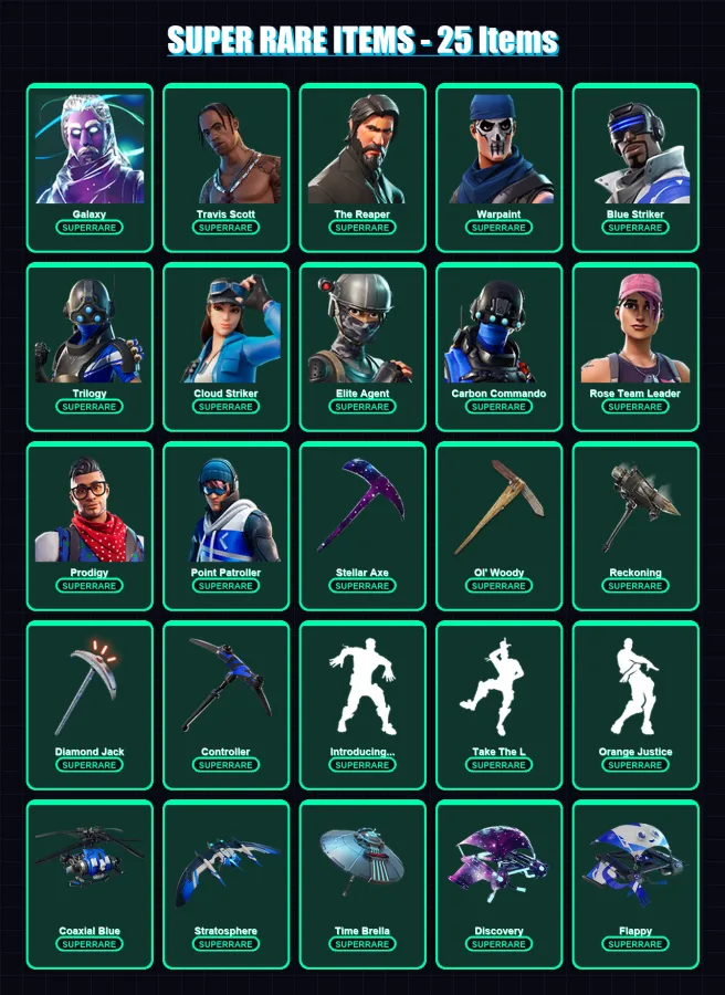 [PS4/PS5/XBOX/PC] | Galaxy | Travis Scott | The Reaper | Warpaint | Blue Striker | 87 skin | 74 pickaxe | 88 emote | 72 glider | Lv918