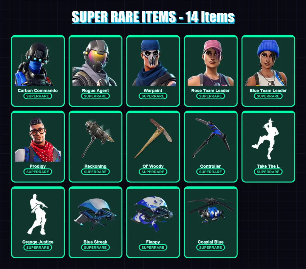 [PC/XBOX] | Carbon Commando | Rogue Agent | Warpaint | Rose Team Leader | Blue Team Leader | 43 skin | 28 pickaxe | 35 emote | 34 glider | Lv280