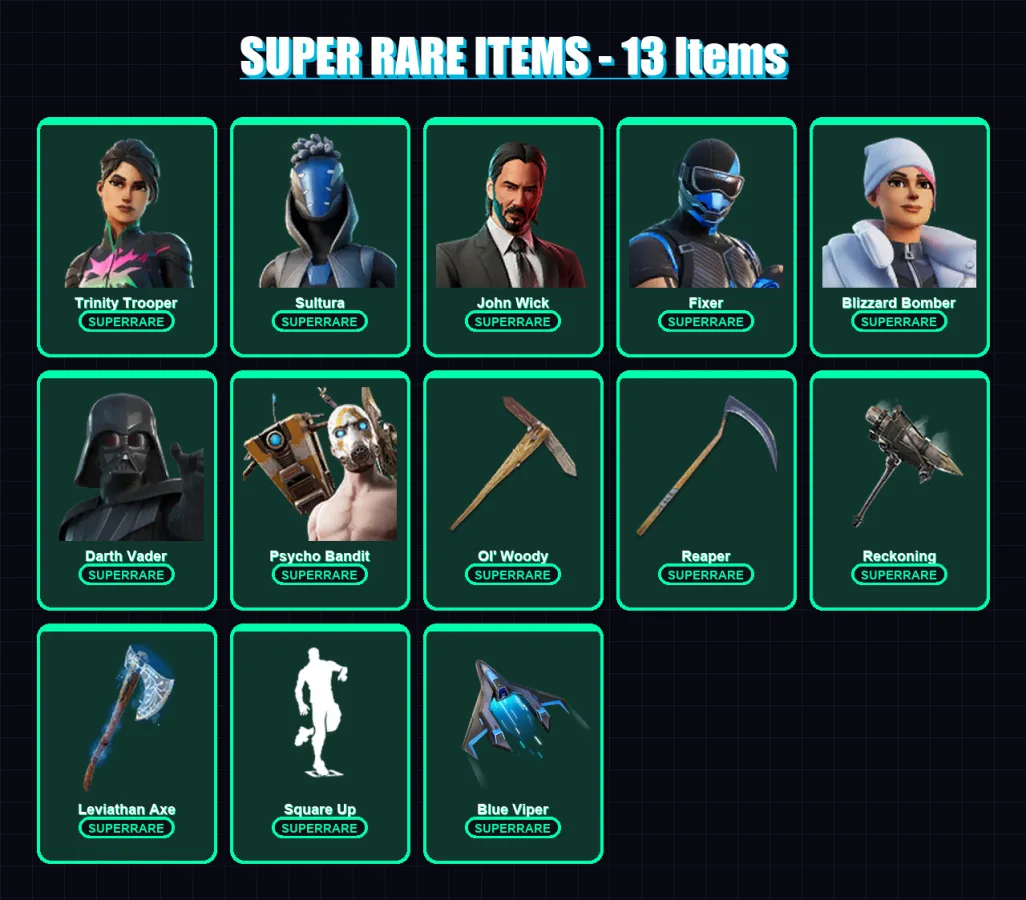 [PS4/PS5/XBOX/PC] | Trinity Trooper | Sultura | John Wick | Fixer | Blizzard Bomber | 403 skin | 403 pickaxe | 397 emote | 232 glider | Lv4579