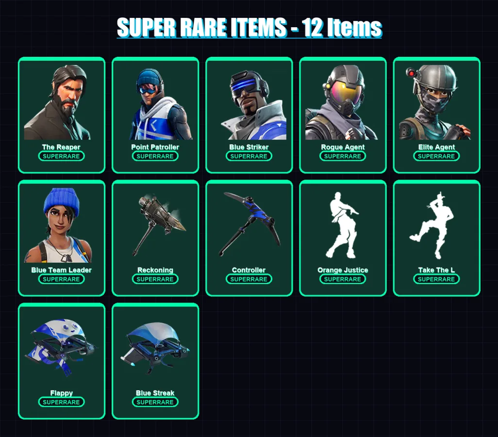 [PS4/PS5/XBOX/PC] | The Reaper | Point Patroller | Blue Striker | Rogue Agent | Elite Agent | 33 skin | 20 pickaxe | 21 emote | 22 glider | Lv307
