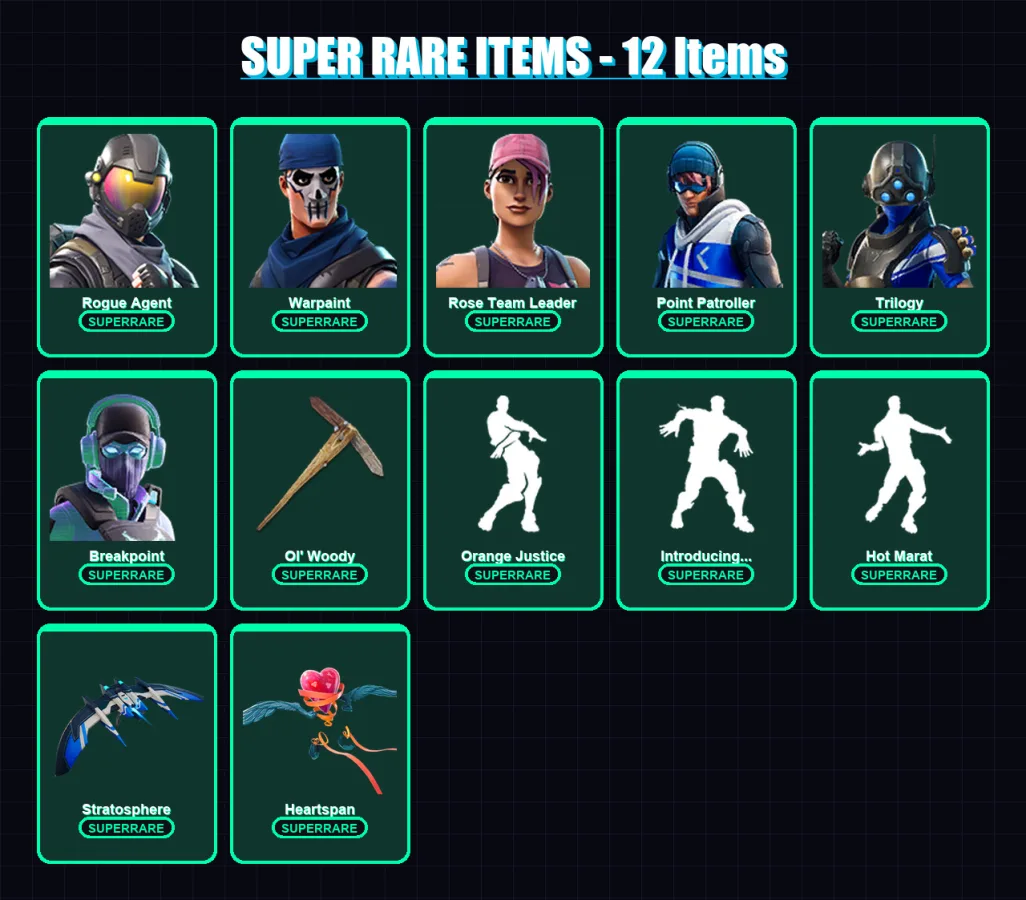 [PS4/PS5/XBOX/PC] | Rogue Agent | Warpaint | Rose Team Leader | Point Patroller | Trilogy | 34 skin | 32 pickaxe | 53 emote | 47 glider | Lv615
