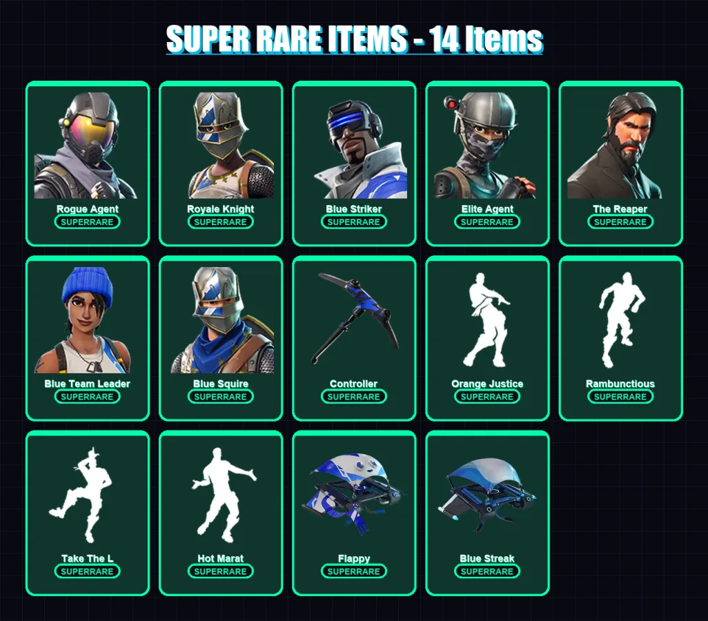 [PS4/PS5/XBOX/PC] | Rogue Agent | Royale Knight | Blue Striker | Elite Agent | The Reaper | 54 skin | 44 pickaxe | 61 emote | 46 glider | Lv915