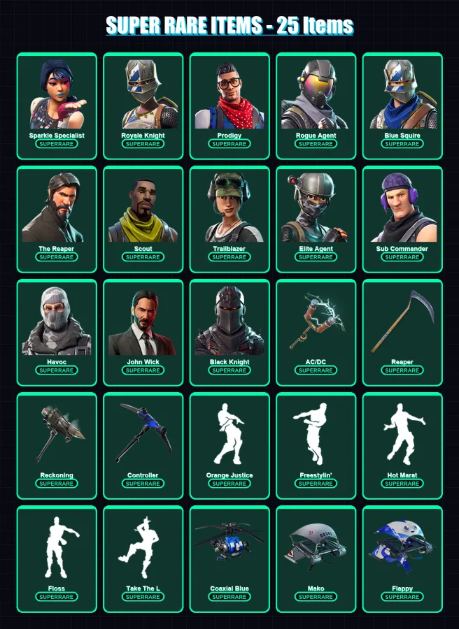 [PC/XBOX] | Sparkle Specialist | Royale Knight | Prodigy | Rogue Agent | Blue Squire | 89 skin | 42 pickaxe | 83 emote | 49 glider | Lv735