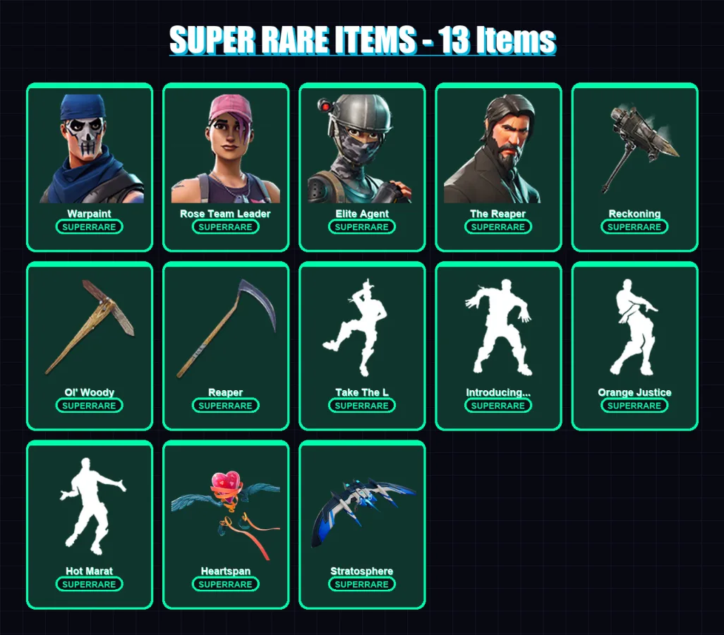 [PC/XBOX/PSN] | Warpaint | Rose Team Leader | Elite Agent | The Reaper | The Ice King | 59 skin | 67 pickaxe | 67 emote | 65 glider | Lv906