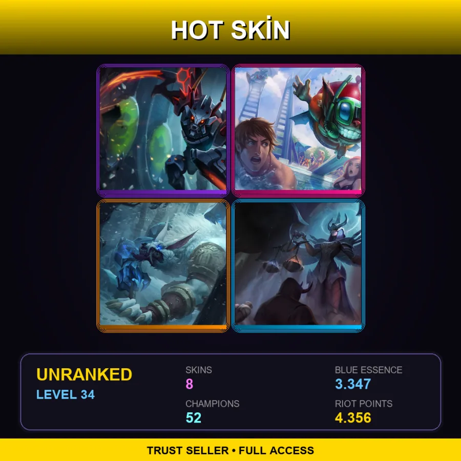 OCE | Mecha Kha'Zix | Pool Party Ziggs | Tundra Hunter Warwick | Judgment Kayle | 8 Skin | 52 Champ | Lv34