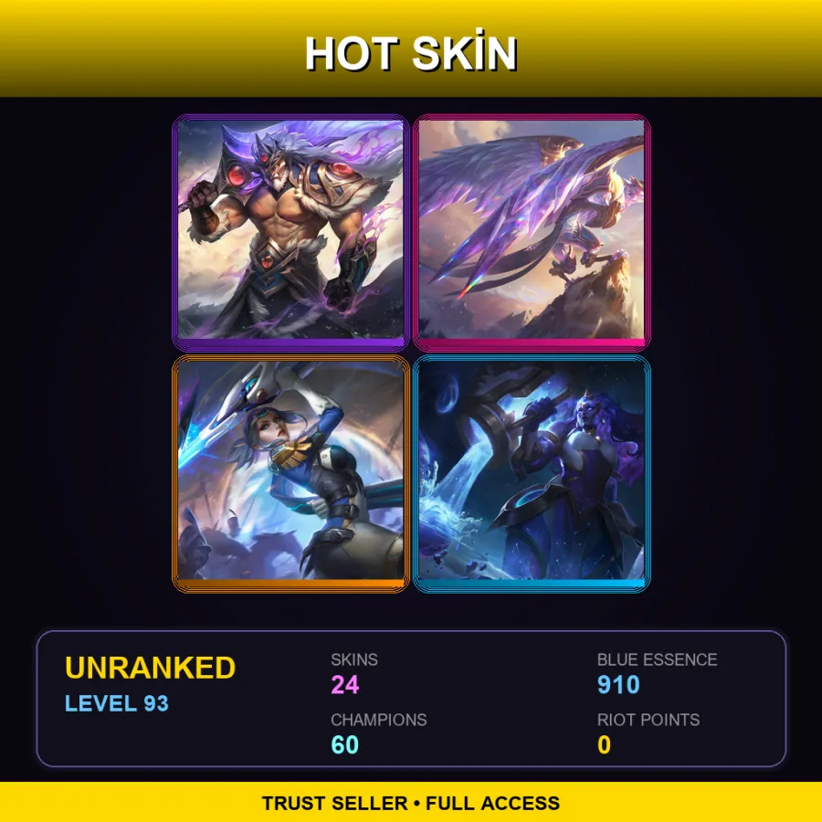 NA | Lv93 | Unranked | 24 Skin | 60 Champ — LoL account