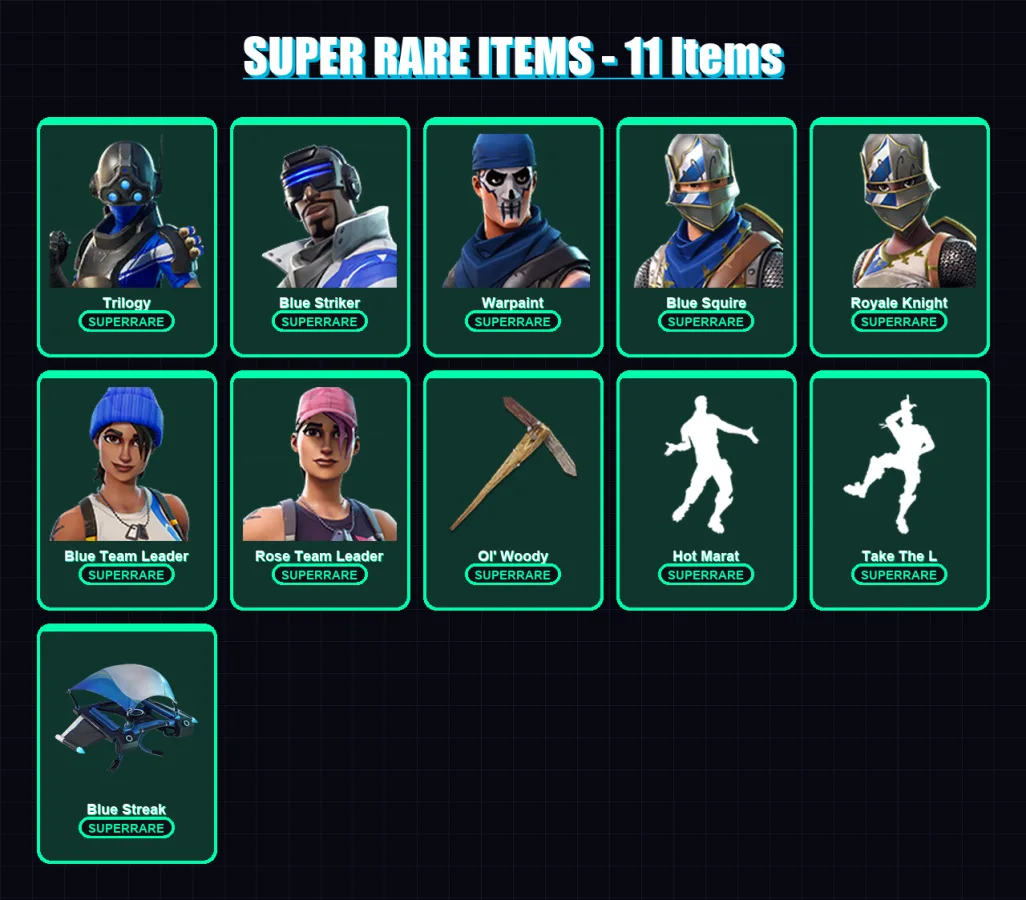 [PC/XBOX/PSN] | Trilogy | Blue Striker | Warpaint | Blue Squire | Royale Knight | 38 skin | 33 pickaxe | 45 emote | 46 glider | Lv495