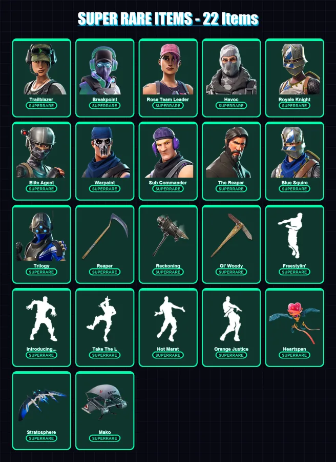 [PC/PSN] | Trailblazer | Breakpoint | Rose Team Leader | Havoc | Royale Knight | 107 skin | 77 pickaxe | 83 emote | 66 glider | Lv994