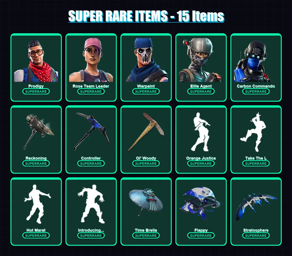 [PC] | Prodigy | Rose Team Leader | Warpaint | Elite Agent | Carbon Commando | 155 skin | 139 pickaxe | 156 emote | 113 glider | Lv1274