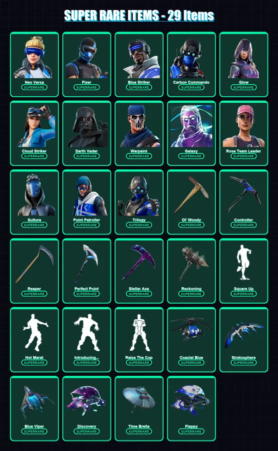 [PS4/PS5/XBOX/PC] | Neo Versa | Fixer | Blue Striker | Carbon Commando | Glow | 444 skin | 433 pickaxe | 291 emote | 293 glider | Lv4796