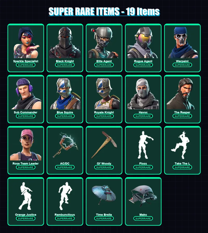 [PC/PSN] | Sparkle Specialist | Black Knight | Elite Agent | Rogue Agent | Warpaint | 70 skin | 58 pickaxe | 57 emote | 58 glider | Lv793