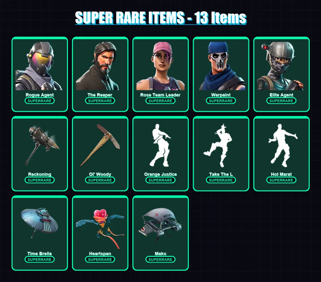 [PC] | Rogue Agent | The Reaper | Rose Team Leader | Warpaint | Elite Agent | 155 skin | 165 pickaxe | 148 emote | 159 glider | Lv2187