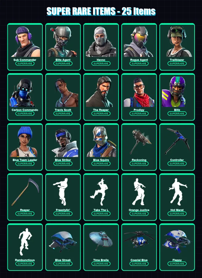 [PC/XBOX] | Sub Commander | Elite Agent | Havoc | Rogue Agent | Trailblazer | 147 skin | 96 pickaxe | 120 emote | 100 glider | Lv1162