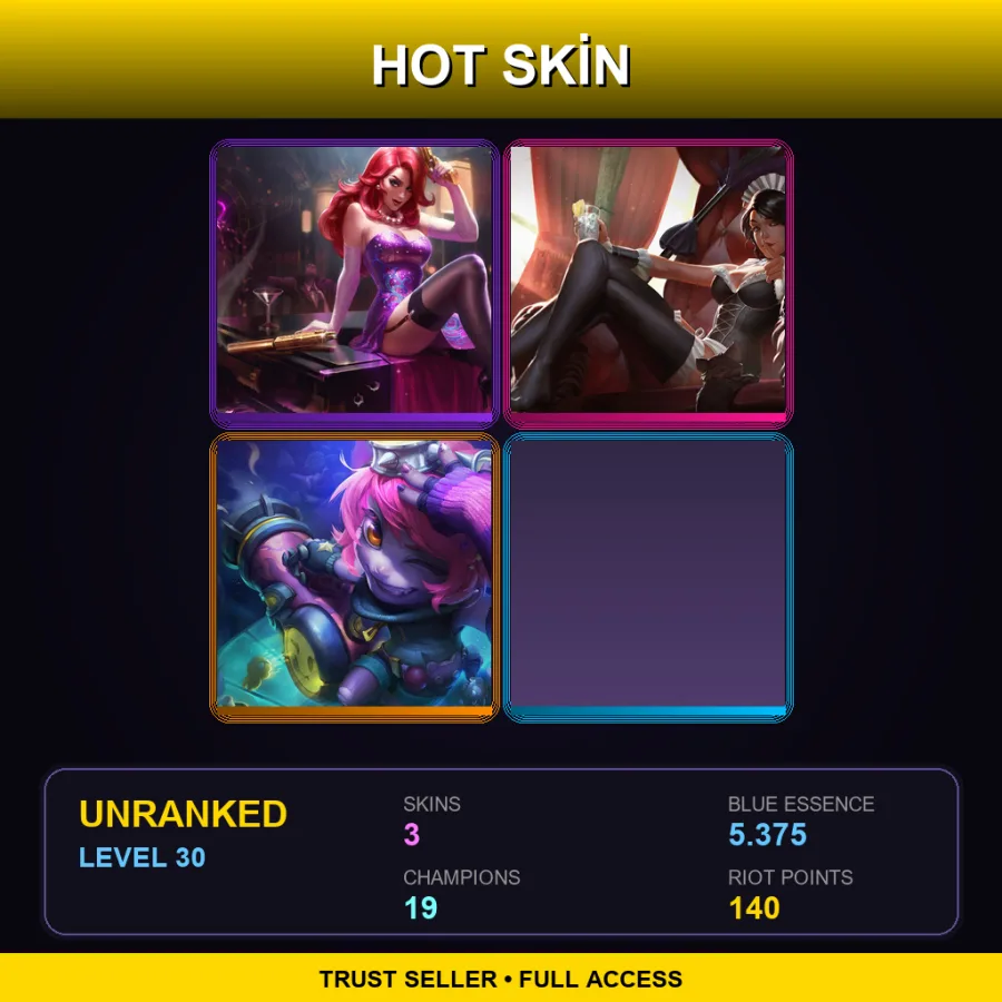 EUW | Secret Agent Miss Fortune | French Maid Nidalee | Riot Girl Tristana | 3 Skin | 19 Champ | Lv30