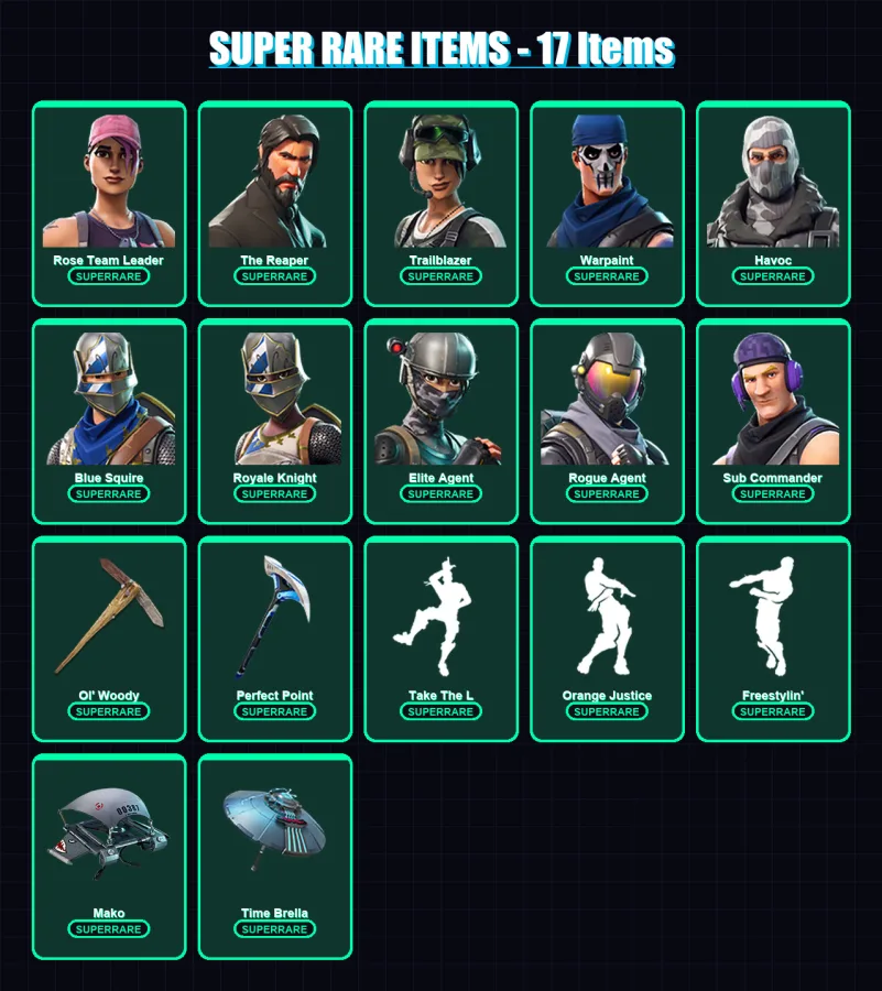 [PC/XBOX] | Rose Team Leader | The Reaper | Trailblazer | Warpaint | Havoc | 66 skin | 58 pickaxe | 47 emote | 52 glider | Lv643