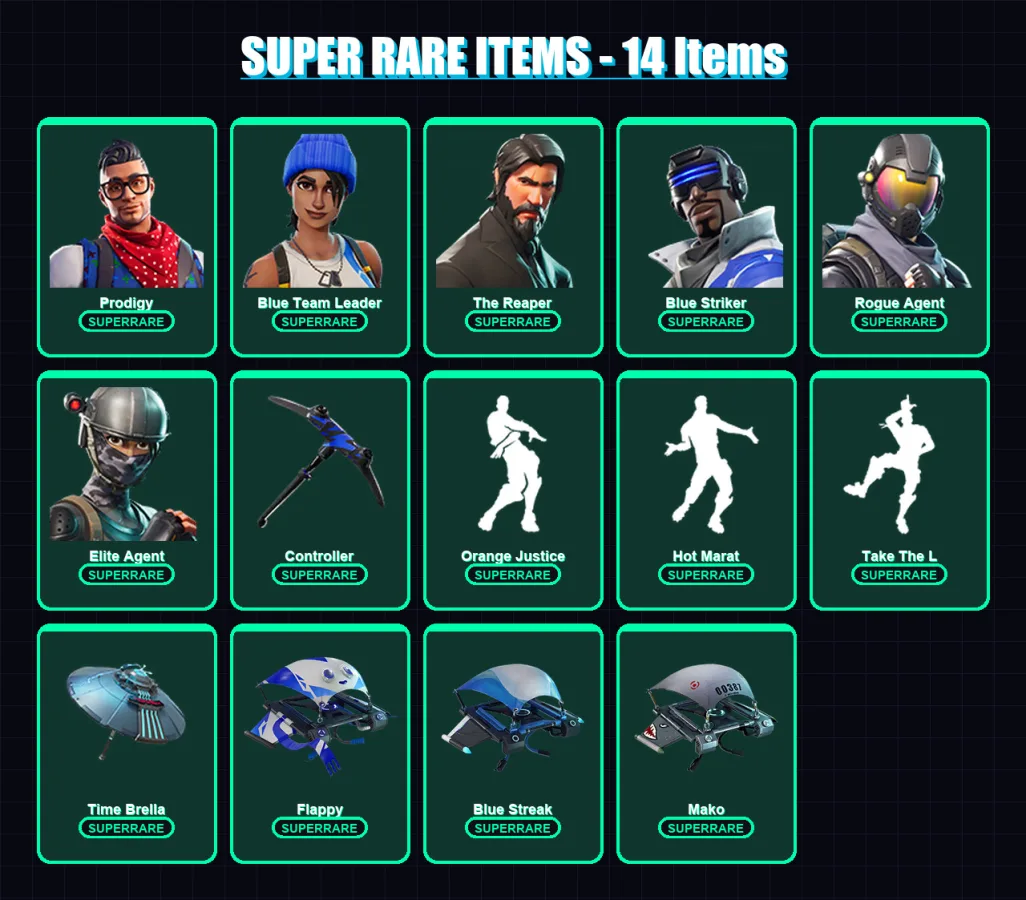[PS4/PS5/XBOX/PC] | Prodigy | Blue Team Leader | The Reaper | Blue Striker | Rogue Agent | 54 skin | 56 pickaxe | 61 emote | 74 glider | Lv1234