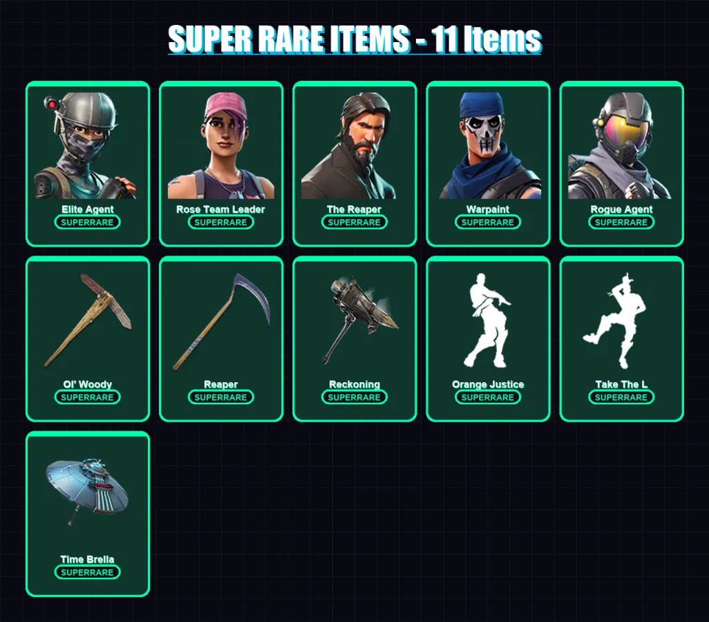[PC/XBOX/PSN] | Elite Agent | Rose Team Leader | The Reaper | Warpaint | Rogue Agent | 107 skin | 180 pickaxe | 158 emote | 152 glider | Lv2534