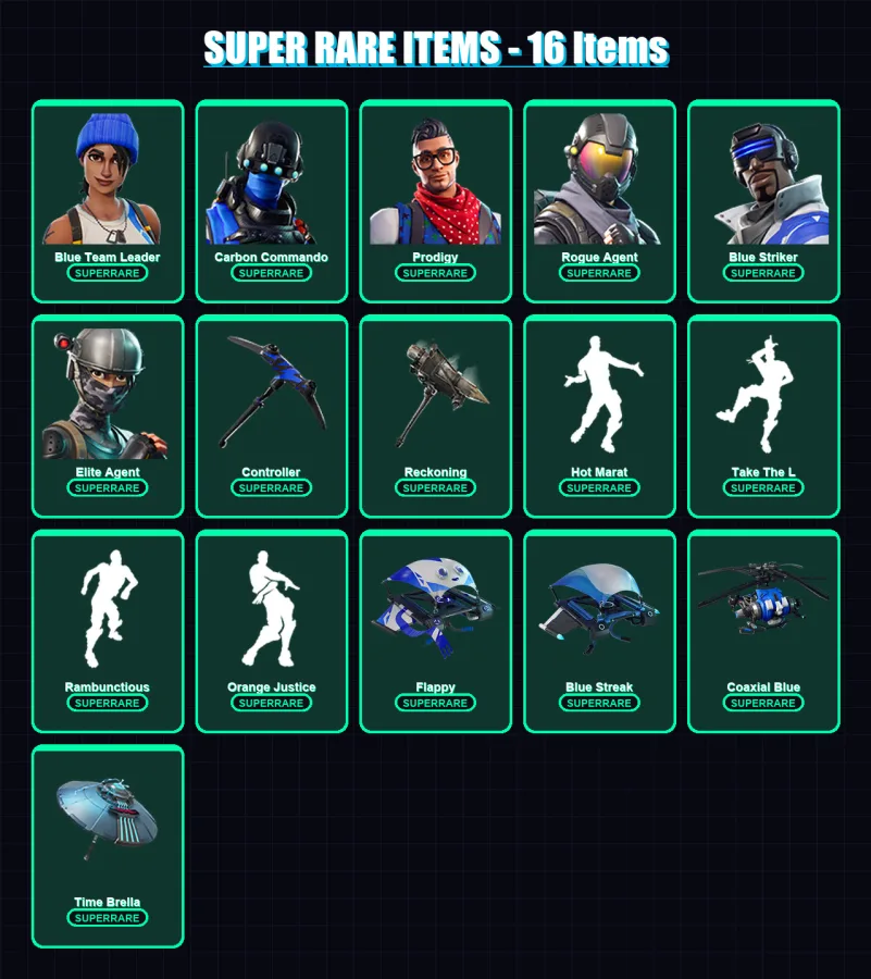 [PC/XBOX] | Blue Team Leader | Carbon Commando | Prodigy | Rogue Agent | Blue Striker | 57 skin | 53 pickaxe | 66 emote | 55 glider | Lv594