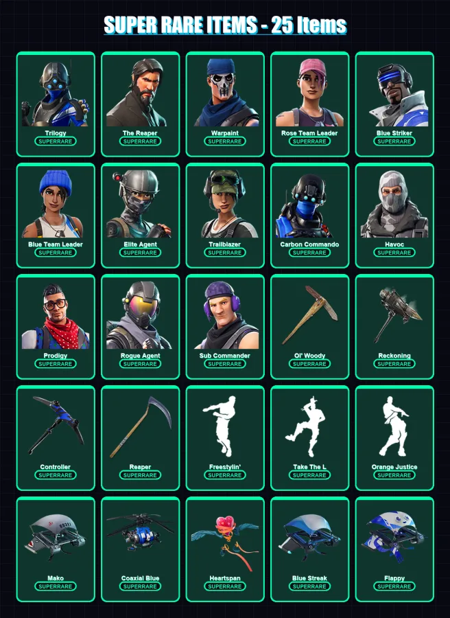 [PS4/PS5/XBOX/PC] | Trilogy | The Reaper | Warpaint | Rose Team Leader | Blue Striker | 113 skin | 73 pickaxe | 92 emote | 63 glider | Lv849