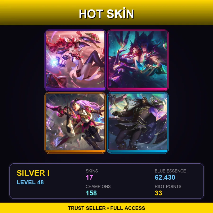 SG | Star Guardian Jinx | Star Guardian Xayah | Battle Queen Katarina | Winterblessed Swain | 17 Skin | 158 Champ | Silver I | Lv48