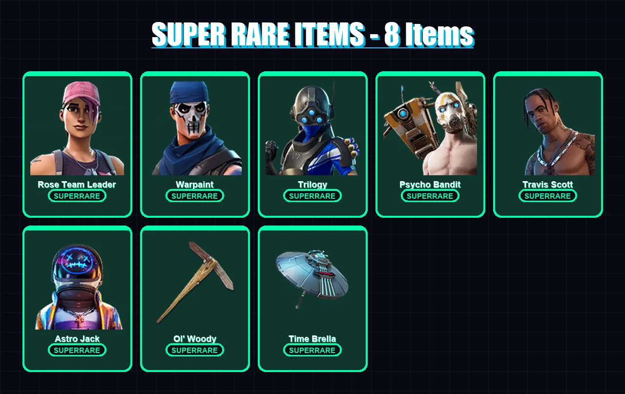 [PC/XBOX] | Rose Team Leader | Warpaint | Trilogy | Psycho Bandit | Travis Scott | 82 skin | 86 pickaxe | 85 emote | 84 glider | Lv1121