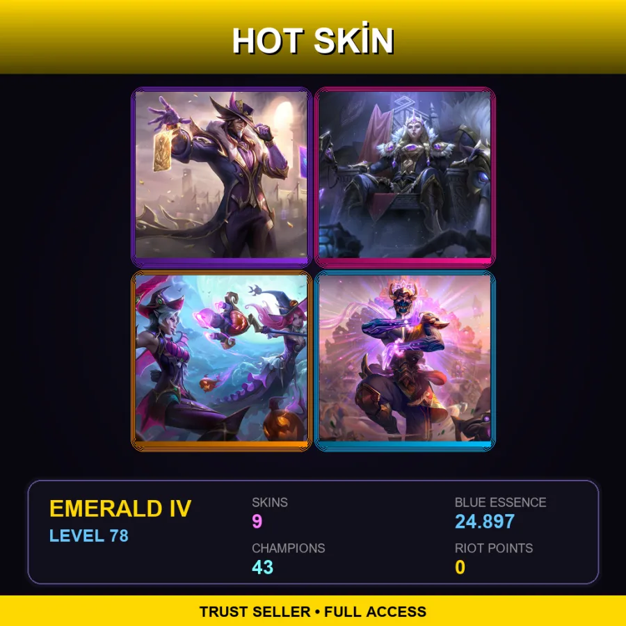 EUW | Lv78 | Emerald IV | 9 Skin | 43 Champ
