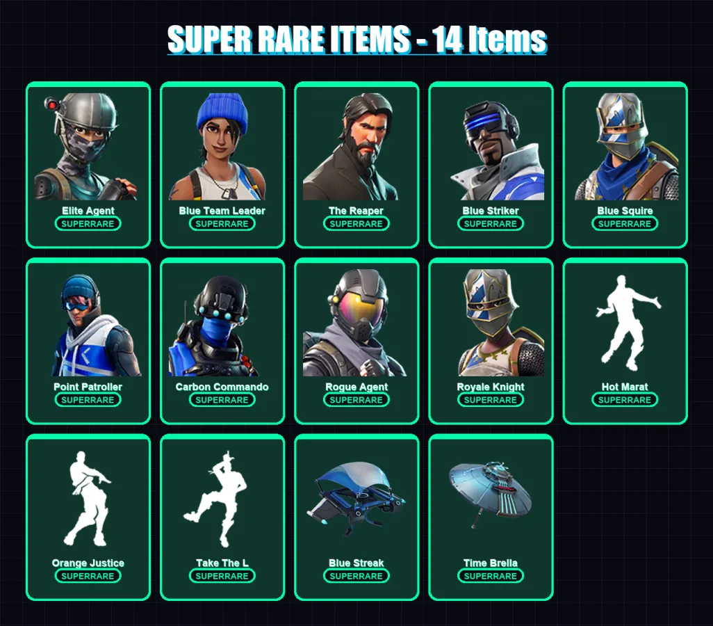 [PS4/PS5/XBOX/PC] | Elite Agent | Blue Team Leader | The Reaper | Blue Striker | Blue Squire | 69 skin | 51 pickaxe | 69 emote | 60 glider | Lv767
