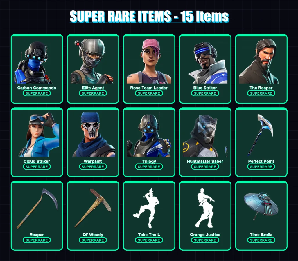 [PC] | Carbon Commando | Elite Agent | Rose Team Leader | Blue Striker | The Reaper | 102 skin | 89 pickaxe | 88 emote | 93 glider | Lv1206