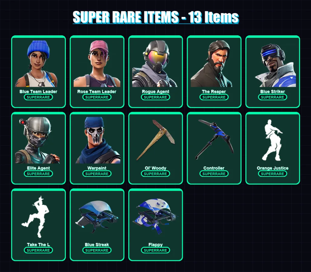 [PC/XBOX/PSN] | Blue Team Leader | Rose Team Leader | Rogue Agent | The Reaper | Blue Striker | 26 skin | 15 pickaxe | 24 emote | 23 glider | Lv276