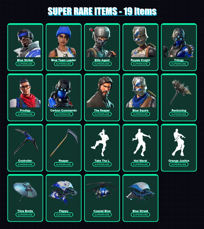 [PS4/PS5/XBOX/PC] | Blue Striker | Blue Team Leader | Elite Agent | Royale Knight | Trilogy | 105 skin | 151 pickaxe | 113 emote | 136 glider | Lv16