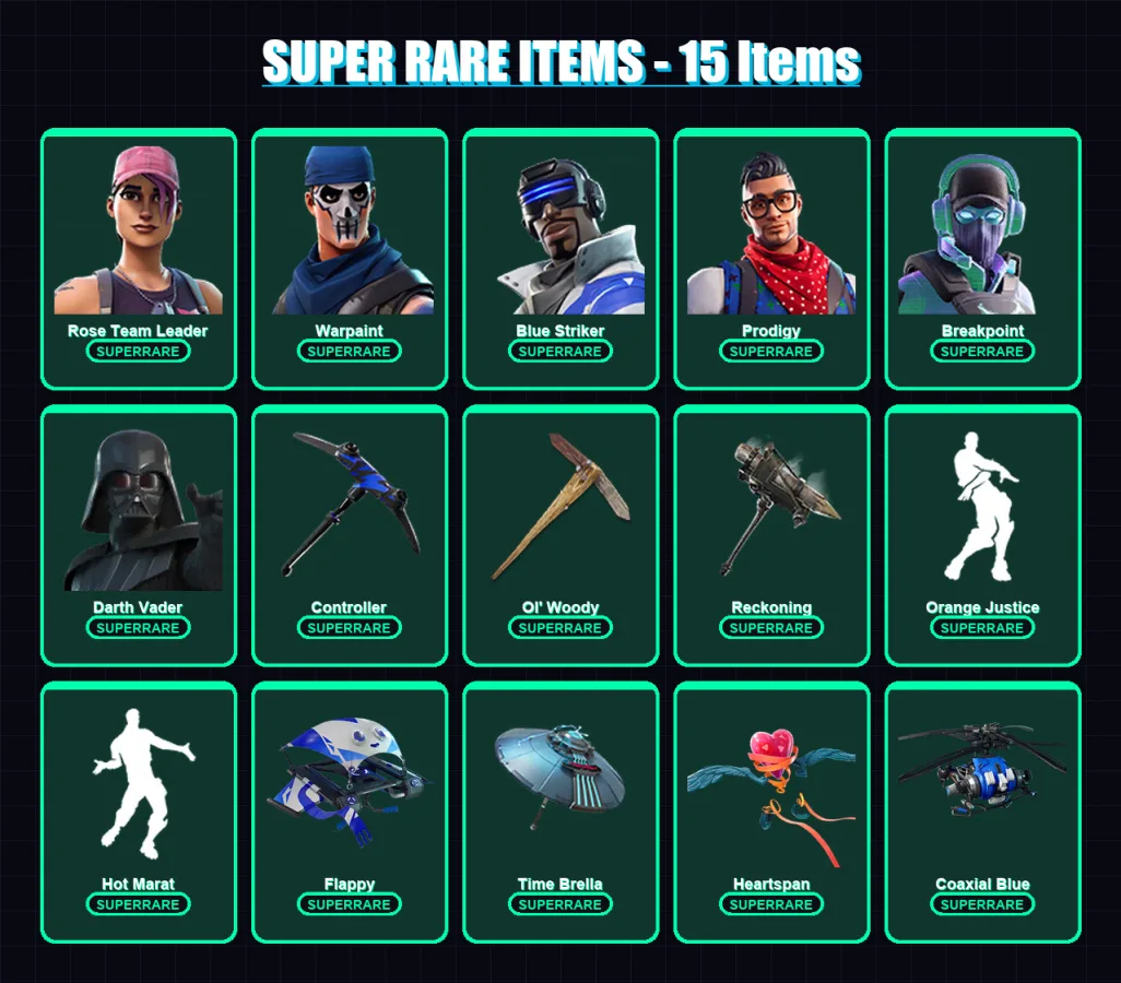 [PS4/PS5/XBOX/PC] | Rose Team Leader | Warpaint | Blue Striker | Prodigy | Breakpoint | 140 skin | 116 pickaxe | 157 emote | 112 glider | Lv1265