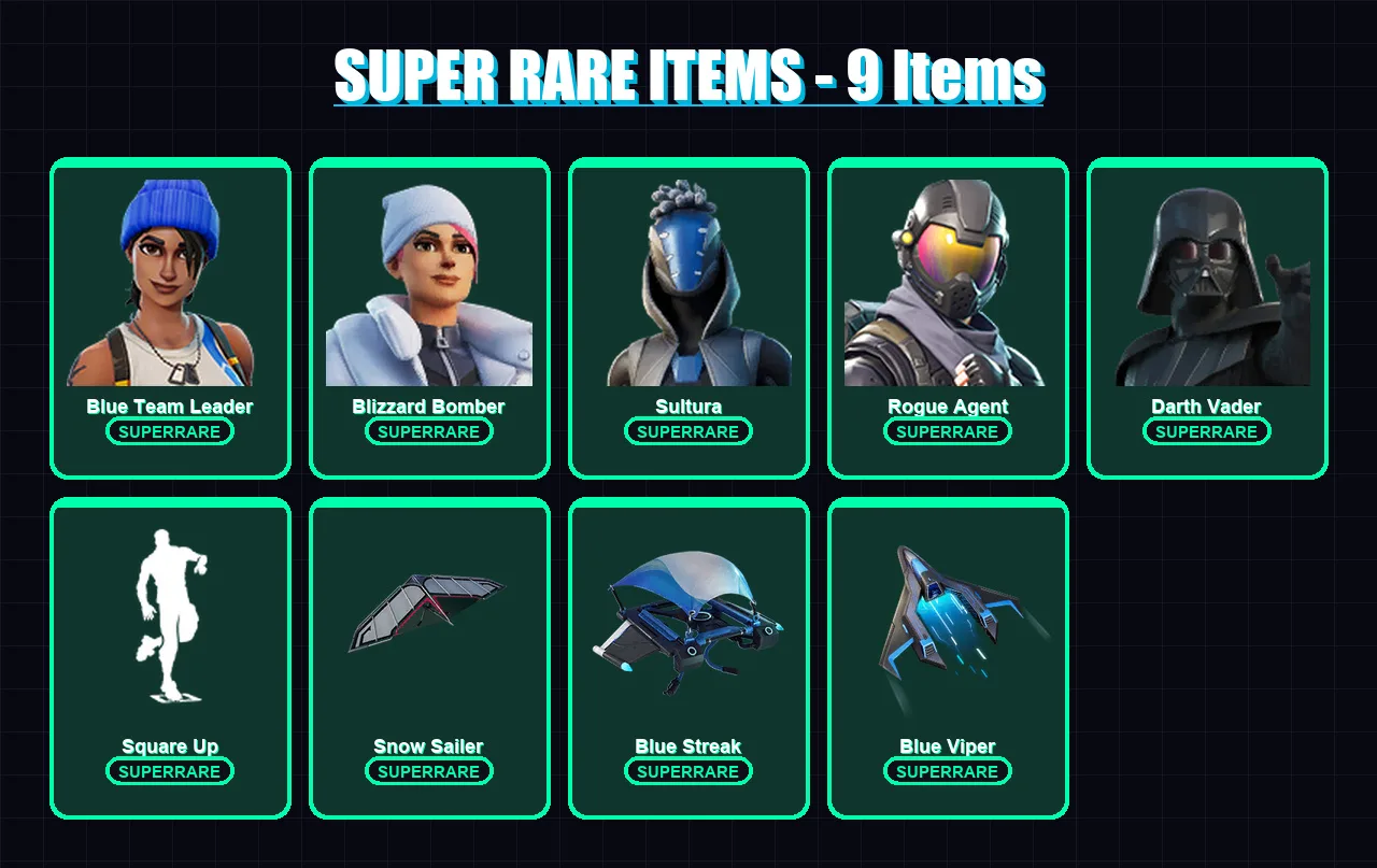 [PS4/PS5/XBOX/PC] | Blue Team Leader | Blizzard Bomber | Sultura | Rogue Agent | Darth Vader | 80 skin | 107 pickaxe | 78 emote | 82 glider | Lv883
