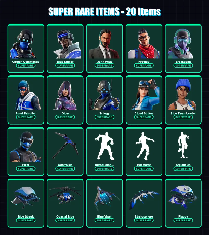 [PC/XBOX/PSN] | Carbon Commando | Blue Striker | John Wick | Prodigy | Breakpoint | 72 skin | 56 pickaxe | 86 emote | 69 glider | Lv919