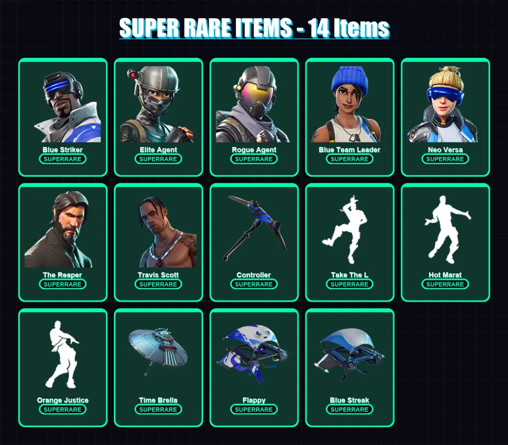 [PS4/PS5/XBOX/PC] | Blue Striker | Elite Agent | Rogue Agent | Blue Team Leader | Neo Versa | 67 skin | 77 pickaxe | 86 emote | 83 glider | Lv1403