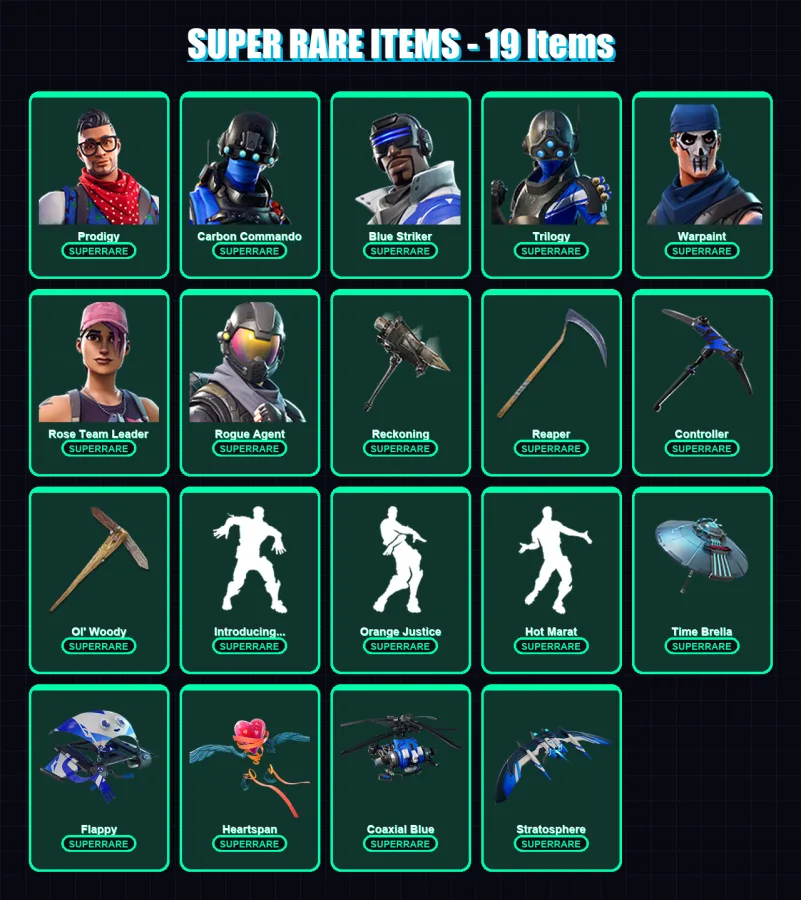 [PS4/PS5/XBOX/PC] | Prodigy | Carbon Commando | Blue Striker | Trilogy | Warpaint | 130 skin | 142 pickaxe | 148 emote | 122 glider | Lv1638