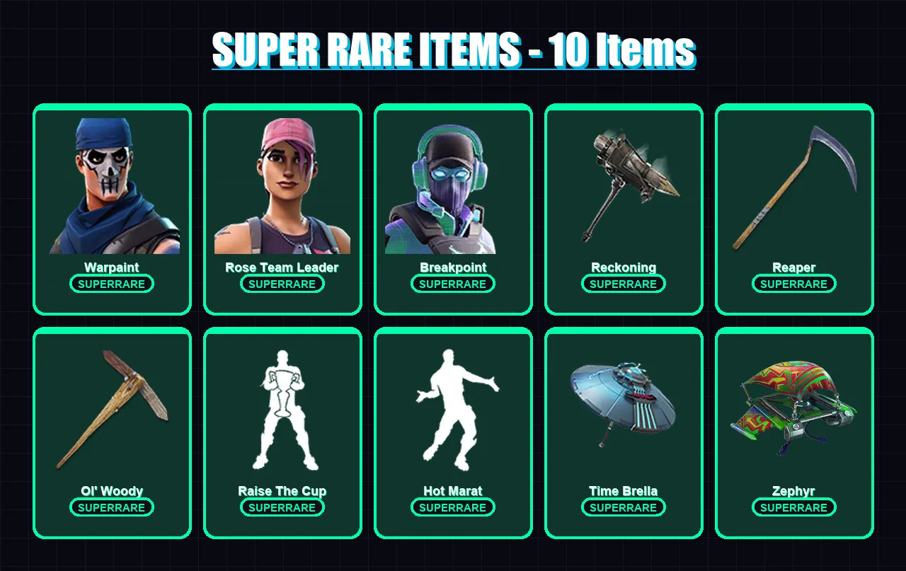 [PS4/PS5/XBOX/PC] | Warpaint | Rose Team Leader | Breakpoint | Blackheart | Ruin | 235 skin | 202 pickaxe | 169 emote | 131 glider | Lv1620