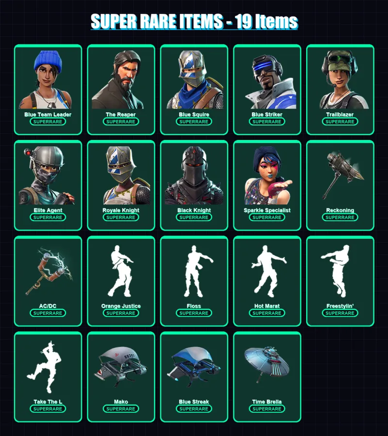 [PS4/PS5/XBOX/PC] | Blue Team Leader | The Reaper | Blue Squire | Blue Striker | Trailblazer | 63 skin | 64 pickaxe | 76 emote | 72 glider | Lv1181