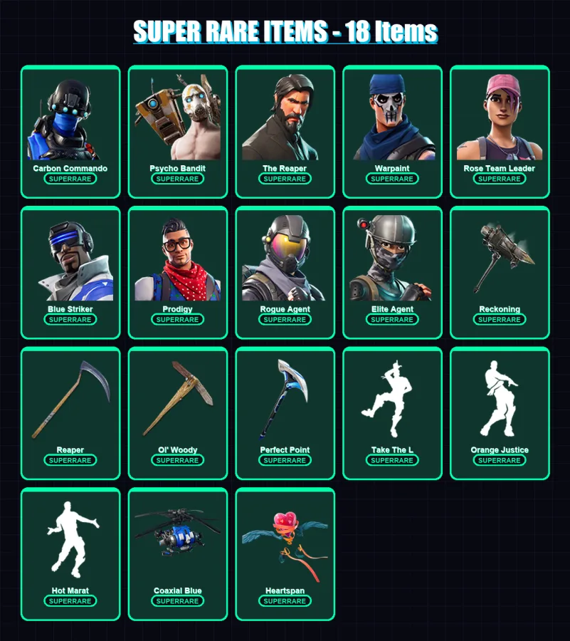 [PC/XBOX/PSN] | Carbon Commando | Psycho Bandit | The Reaper | Warpaint | Rose Team Leader | 84 skin | 95 pickaxe | 79 emote | 78 glider | Lv925