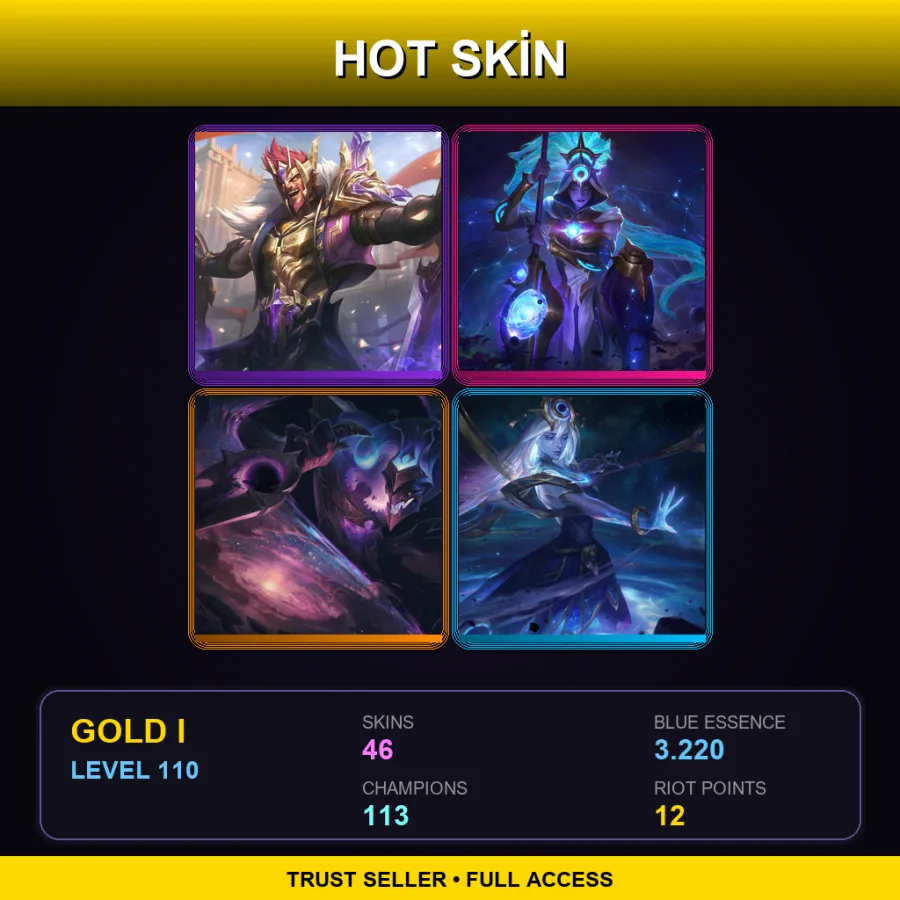 LAS | Victorious Draven | Cosmic Huntress Nidalee | Dark Star Shaco | Cosmic Lux | 46 Skin | 113 Champ | Gold I | Lv110