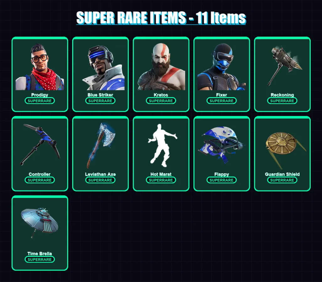 [PS4/PS5/XBOX/PC] | Prodigy | Blue Striker | Kratos | Fixer | Blackheart | 129 skin | 109 pickaxe | 70 emote | 90 glider | Lv1101