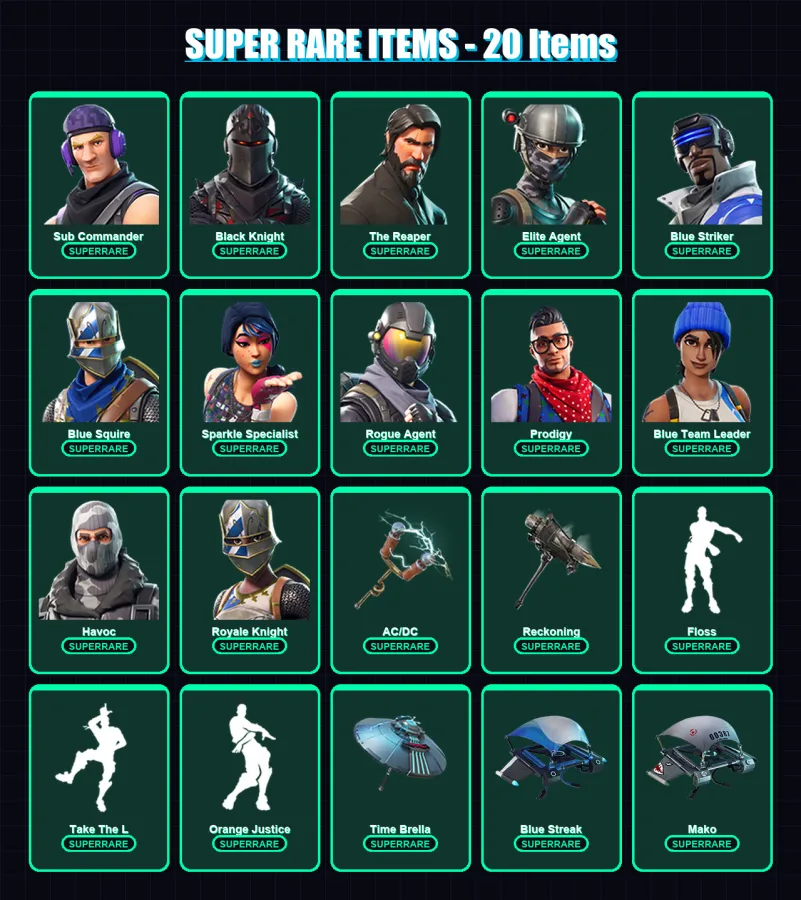 [PS4/PS5/XBOX/PC] | Sub Commander | Black Knight | The Reaper | Elite Agent | Blue Striker | 52 skin | 43 pickaxe | 48 emote | 59 glider | Lv890