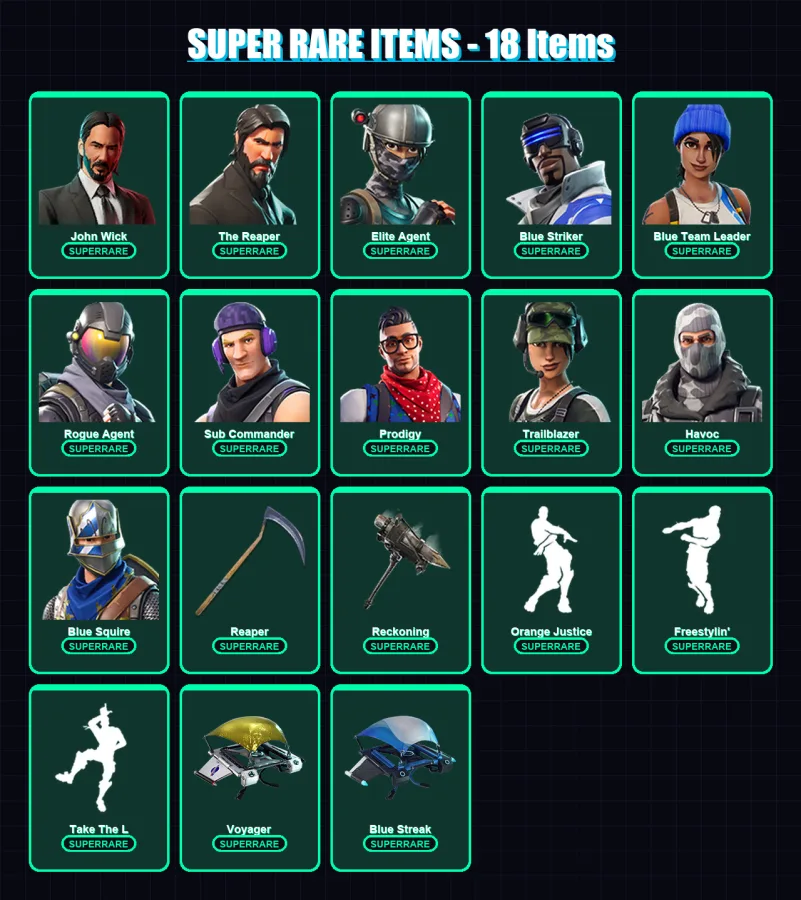 [PS4/PS5/XBOX/PC] | John Wick | The Reaper | Elite Agent | Blue Striker | Blue Team Leader | 77 skin | 41 pickaxe | 78 emote | 48 glider | Lv444
