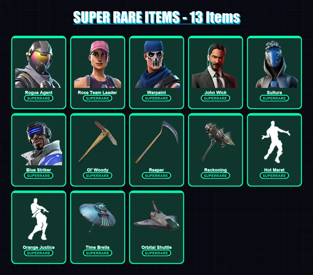 [PS4/PS5/XBOX/PC] | Rogue Agent | Rose Team Leader | Warpaint | John Wick | Sultura | 100 skin | 71 pickaxe | 106 emote | 72 glider | Lv889