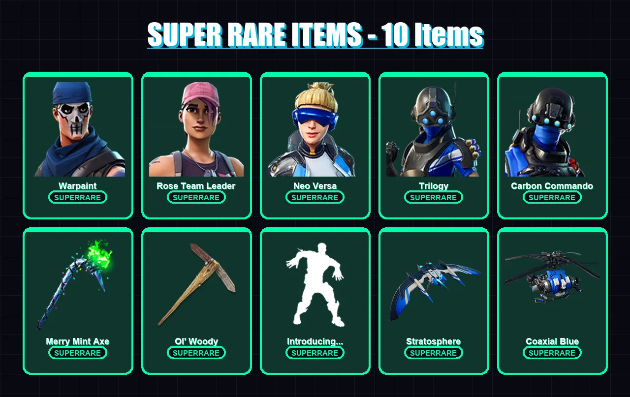 [PC/XBOX/PSN] | Warpaint | Rose Team Leader | Neo Versa | Trilogy | Carbon Commando | 68 skin | 43 pickaxe | 63 emote | 43 glider | Lv574