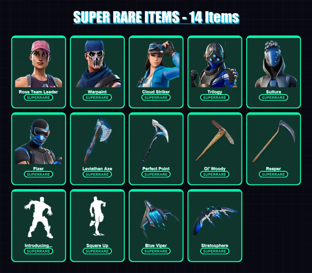 [PS4/PS5/XBOX/PC] | Rose Team Leader | Warpaint | Cloud Striker | Trilogy | Sultura | 162 skin | 153 pickaxe | 143 emote | 119 glider | Lv1698