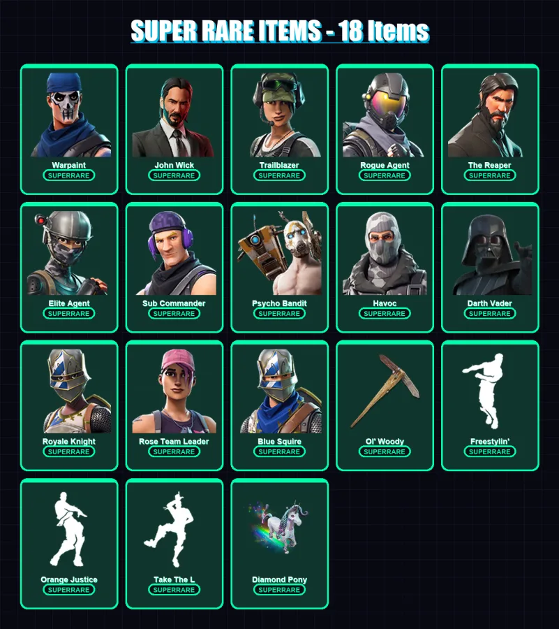 [PC/PSN] | Warpaint | John Wick | Trailblazer | Rogue Agent | The Reaper | 304 skin | 339 pickaxe | 214 emote | 197 glider | Lv2263
